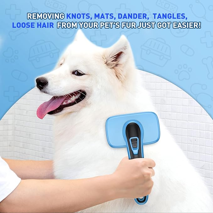 Dog Brush for Shedding, Self-Cleaning Slicker Brush, Perfect for Short & Long Haired Pets, Removes Mats, Tangles, Loose Fur, Gentle on Skin, Ideal for Small, Medium, Large Dogs. Blue