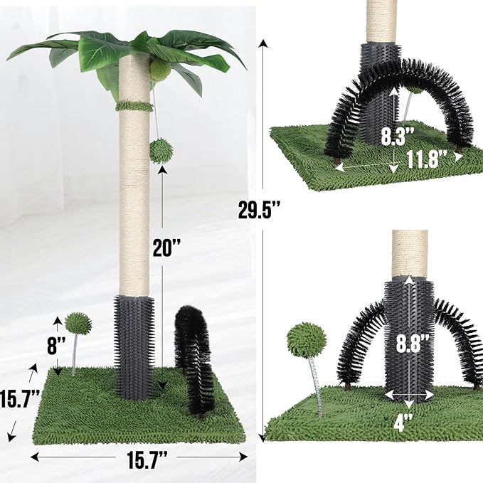 Topmart 29.5” Tall Cat Scratching Post for Large Indoor Cats, Sisal Scratching Post with Self Groomer and 2 Dangling Balls,Green