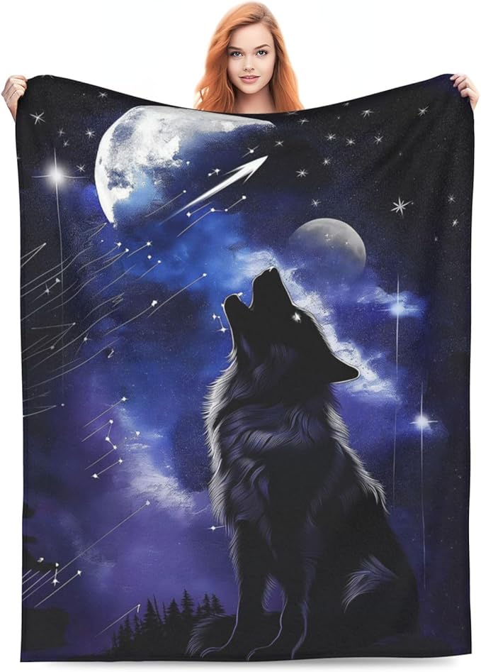 Wolf Blanket Gifts for Women Men Kids Soft Warm Lightweight Cozy Moon Wolf Theme Throw Blankets for Bed Sofa Living Room Couch Home Decor 50"x60"