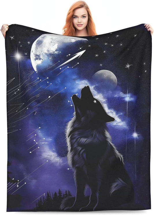 Wolf Blanket Gifts for Women Men Kids Soft Warm Lightweight Cozy Moon Wolf Theme Throw Blankets for Bed Sofa Living Room Couch Home Decor 50"x60"