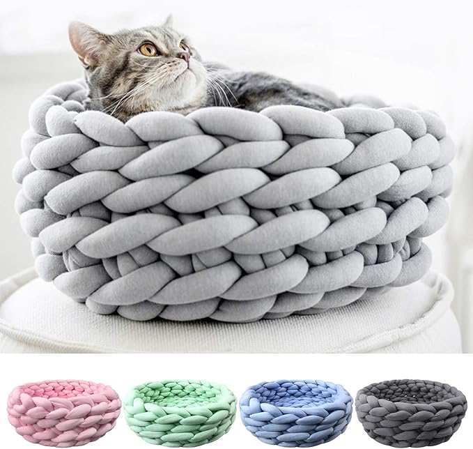 Lucky Monet Cat Basket Bed Cotton Knitted Round Pet Beds for Cats Cute Boho Cat Pet Bed Warm Woven Cat Nest for Puppy Kitten Cats Dogs (15.7", Light Gray)