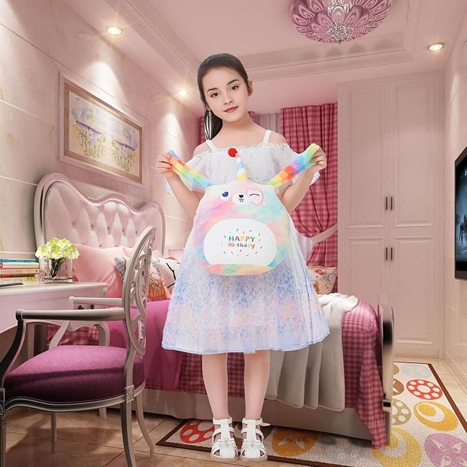 16 Inch Plush Rainbow Dog Stuffed Animal Happy Birthday Dog Hugging Pillow Birthday Dog Plushies Throw Pillow Birthday Rainbow Puppy Anime Gift for Kids and Lovers