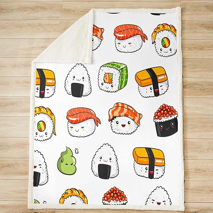 Sushi Pattern Blanket Japanese-Style Fleece Blanket for Bed Couch Sofa Kids Kawaii Food Theme Throw Blanket Cute Japanese Sushi Plush Sherpa Throw Blanket Room Decor Air Conditioning Baby 30"x40"