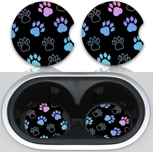 Absorbent Car Coasters for Cup Holders, 2 Pack Universal Neoprene Car Coasters with Finger Slot, Auto Accessories for Women & Men,2.56"(Gradient Black Dog paw Print)