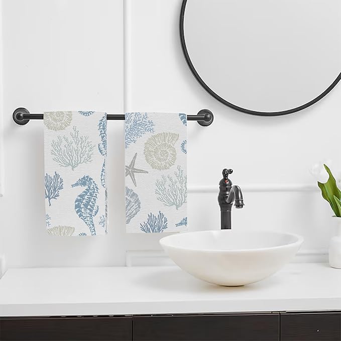 Seahorse Seashells Starfish and Coral Hand Towel for Bathroom Set of 2,Blue Marine Lifes Bathroom Hand Towel,Soft Absorbent Decorative for Hotel Home Decor