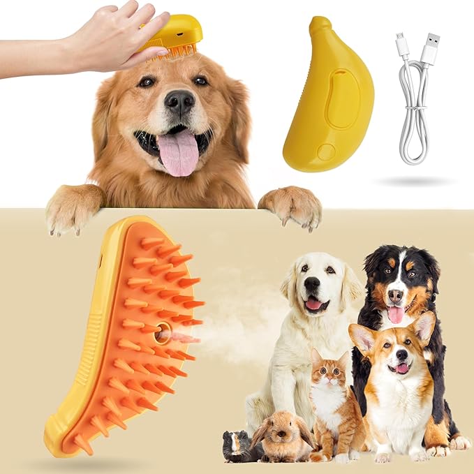 3in1 Cat Steam Brush,Multifunctional Rechargeable Cute Steamy Pet Brush for Short Or Long Hair Cats/Dogs To Massage/Clean/Eliminate Flying&Tangled Hair With USB Cable-Yellow Banana