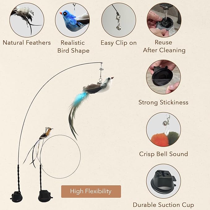 Interactive Bird Simulation Cat Feather Toy Set - Suction Cup Cat Toys for Indoor Cats, Natural Feathers, Bells & Easy Clip-On, Perfect for Indoor Cats - 2 Free Pads, Suctions to Ground
