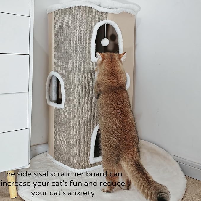 4-Level Cat House for Indoor Cats, Large Adult Cat Peekaboo Cave Bed Cats Cube Houses with Scratch Pad Cat Towers Cute Kitten Condo Hideaway Hut for Multi Pets Under 55 lbs Beige