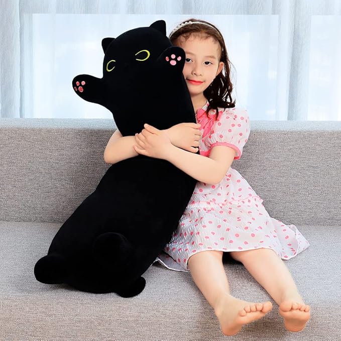 Black Cat Soft Plush Pillow Cute Cat Body Pillow, Long Stuffed Cat Plush Cat Stuffed Animal Toy Kitten Long Throw Pillow Gift for Kids Girlfriend(110CM,FullBlack)