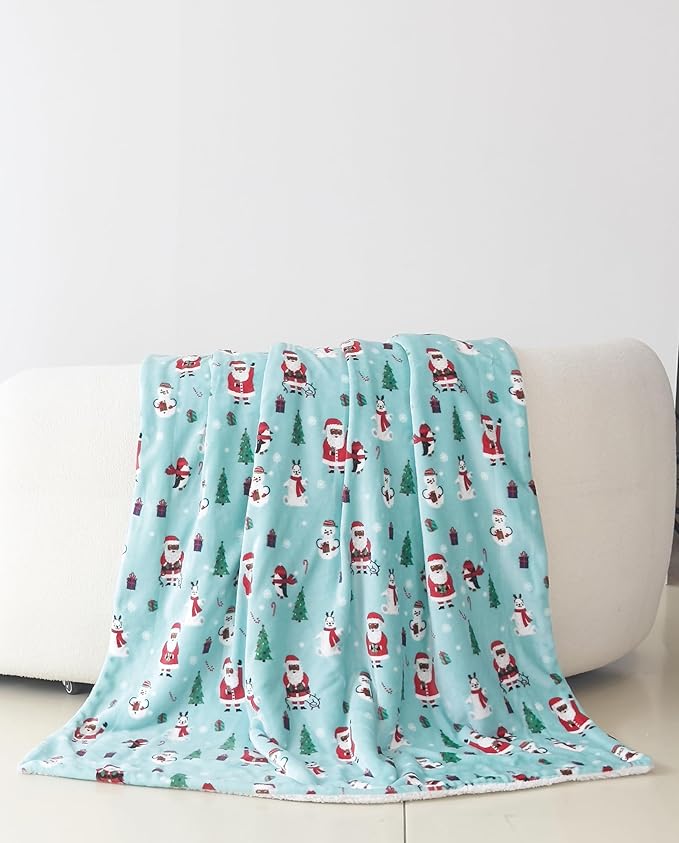 Elegant Comfort Reversible and Ultra-Plush Flannel Fleece-Winter Christmas Sherpa Throw- Lightweight Soft and Cozy-Holiday Decorative Throw, Perfect for Lounging, 50 x 60 inches, Penguin Santa