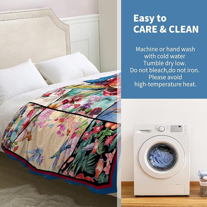 Hummingbird Blanket Gifts for Women Girls Mom Birthday Christmas Valentine Present Colorful Floral Bird Flower Theme Decor Bedroom Living Room Sofa Couch Soft Cozy Plush Kids Adults Teen Throw 60"x50"