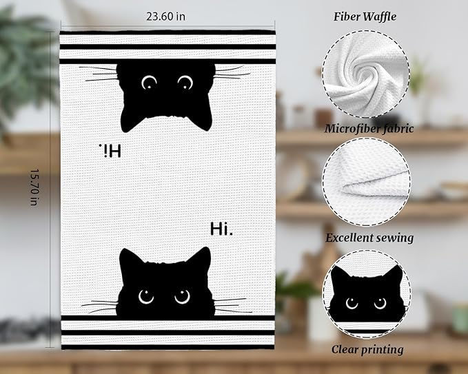 Black Cat Kitchen Towels, Funny Cat Decor for Home, Waffle Weave Microfiber Towel, 1624 Inches