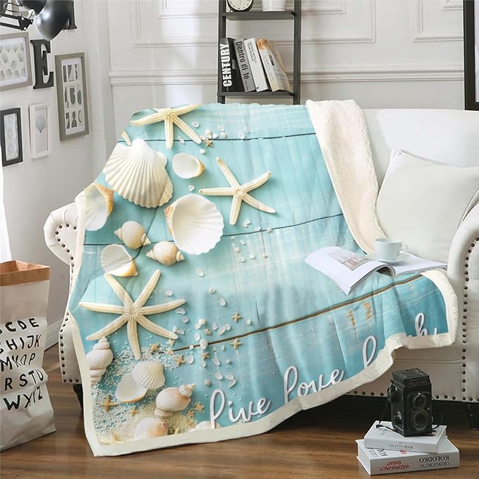 Starfish Seashell Blanket, Conch Sea Shell Throw for Bed, Couch - Coastal Animal Fleece, Twin Size, Retro Rustic Farmhouse Sherpa, Teal Wooden Striped Plush, Kids Boys Girls