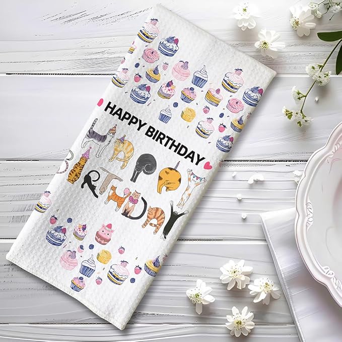 Happy Birthday Cat Towel,Cat Mom Gifts,Cat lady Gifts,Cat Gifts for Women,Crazy Cat Lady Gifts,Cat Kitchen Towels,Cat Hand Towel,Cat Dish Towels,Cat Kitchen Accessories-Gifts for Cat Lovers for Women