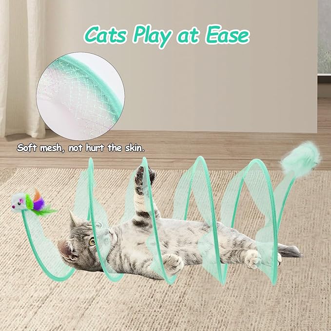 2 Packs Folded Cats Tunnel Spring Toy, Kitten for Indoor Cats Collapsible Cute Tunnel Foldable Pet Played Bed Interactive Toy with Feather Mouse Hemp Ball Green Elastic Tubes Attract Cat