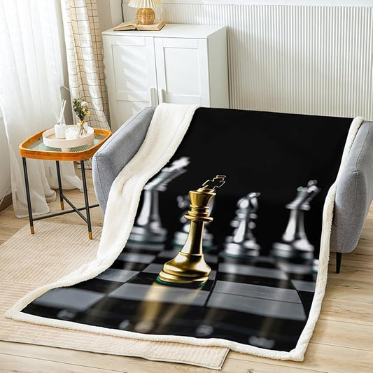 Chess Plush Blanket Chess Game Fleece Throw Blanket for Sofa Couch Bed Geometric Gingham Sherpa Blanket Room Decor Gold Silver Chess Black White Square Fuzzy Blanket Throw 50x60 Inch
