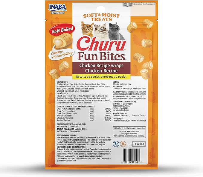 INABA Churu Fun Bites for Cats, Soft & Chewy Baked Chicken Wrapped Filled Cat Treats with Taurine, 0.42 Ounces Each Tetra, 18 Tetras (3 per Bag), Chicken Recipe