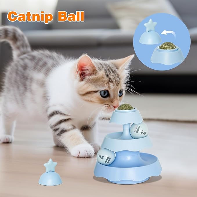 Interactive Cat Toys for Indoor Cats, Teeth Cleaning Dental Chew Catnip Toys, 3 Level Turntable with 3 Track Balls Chase Cat Toy for Kittens - Blue