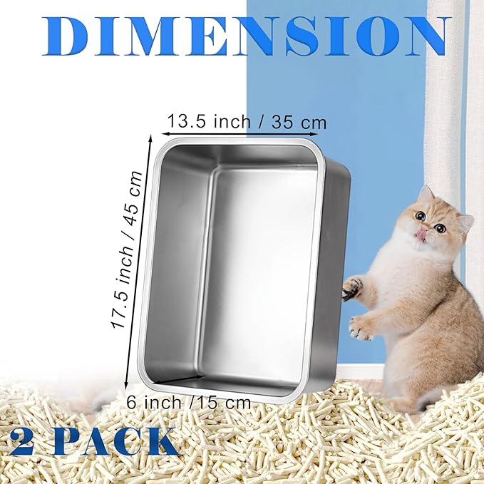 2 Pack Stainless Steel Cat Litter Box with High Sides, Metal Litter Box Non Stick Litter Pan and Pet Toilet for Cats, Kitten, Rabbits, 17.5 x 13.5 x 6 Inch