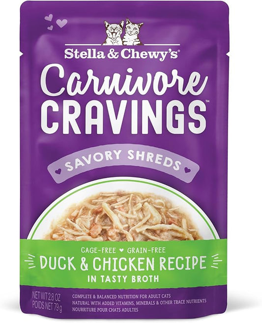 Stella & Chewy's Carnivore Cravings Wet Cat Food Pouches – Grain Free, Protein Rich Meal, Topper or Treat – Duck & Chicken Recipe, 2.8 Ounce Pouches, (Pack of 24)