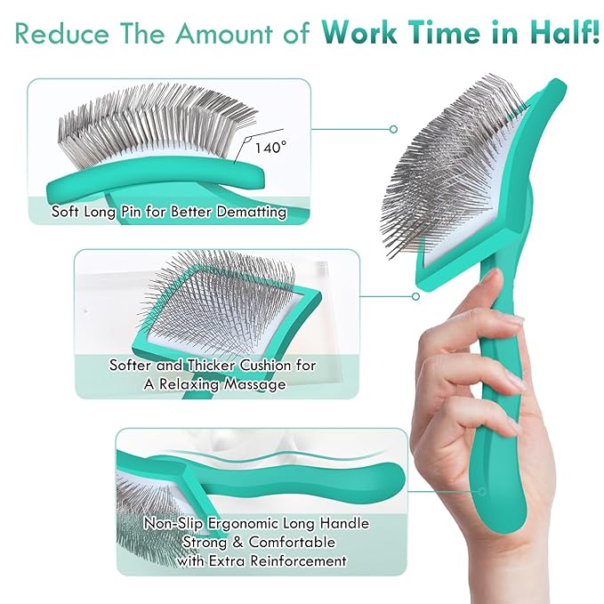 Large Green Dog Brush for Medium to Long Haired Pets - Slicker Brush Removes Loose Hair, Tangles and Knots, Best Grooming Tool for Small Animals, Free Pet Comb Included