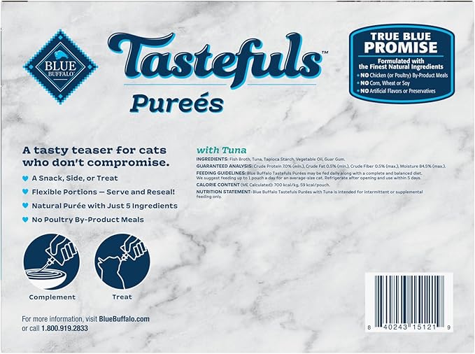 Blue Buffalo Tastefuls Purées with Tuna, Natural Cat Food Complement, Resealable Twist Cap Pouches, 3-oz (12 Count)