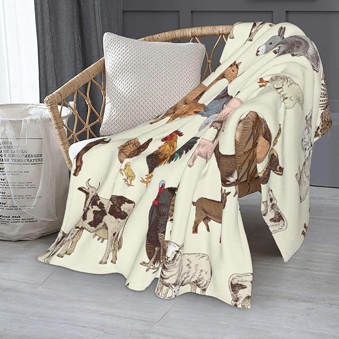 Farm Animal Blanket Throw 80"x60", Cozy Lightweight Plush Cow Chicken Pig Sheep Horse Rabbit Farm Animals Blanket, Gifts for Kids Adults