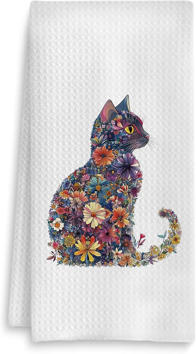 Flower Cat Kitchen Towel, Floral Cat Hand Towel for Bathroom Decor, Kitten Dish Tea Towel for Kitchen Decor, Pet Gifts for Kitten Lovers Women Girls, 16x24 Inches