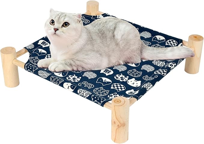 Patas Lague Pet Bed, Small, Elevated Cooling Hammock Bed, Wood, 19x19x5 inches, 20 lbs, Blue Cat, Indoor/Outdoor, Square, for Cats and Dogs