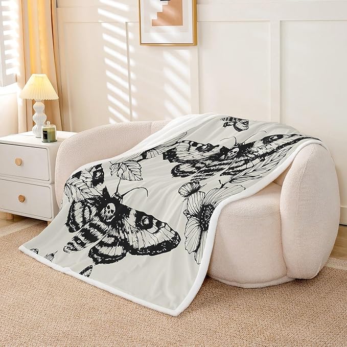 Gothic Skull Sherpa Blanket Decorative Death Moth and Flowers Plush Blanket for Bed Sofa Couch Decor Pesonalized Skeleton Bones Fleece Throw Blanket Black Cream Fuzzy Blanket King 87"x95"
