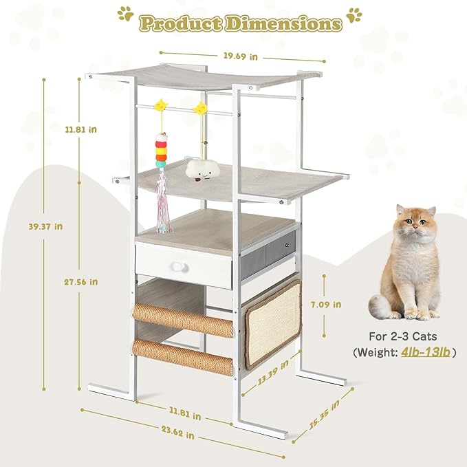 Modern Cat Tree with Sisal Scratching Post,Cat Scratcher,Cat Tower with Cat Hammock Bed Perch,Toys,Storage Drawer,Small Cat Tower Tree Stand,Cute Cat Condo for Kittens Medium Cats