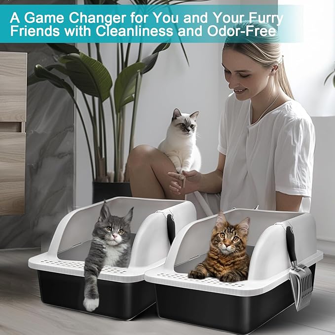 2 Pack XL Stainless Steel Litter Box Enclosure with Lid, Stainless Steel Cat Litter Pan for Big Cats, Large Metal Litter Box with High Wall, Easy Cleaning White Cover(Black Coated)