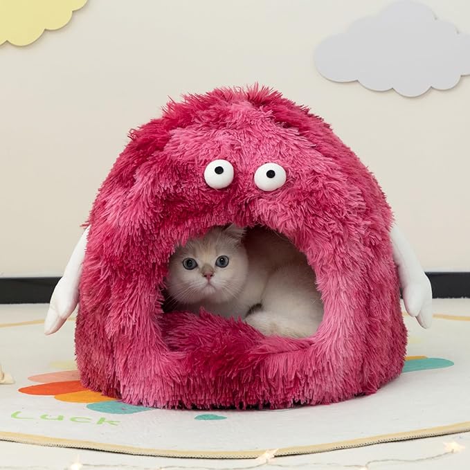 Hollypet Cat Beds for Indoor Cats, Cat Bed Cave, Cat House with Washable Cushion, Cat Bed Small for Kittens, Small Pets, Cat Tent Sleeping Bed, Cat Bed Warmer Pet Nest, Red Monster
