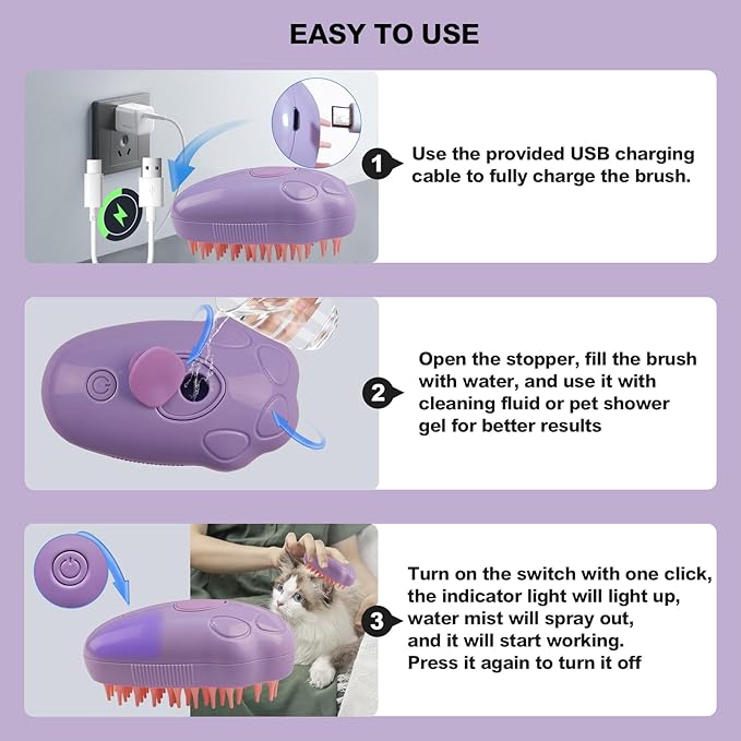 3in1 Cat Steam Brush,Quiet Cute Rechargeable Steamy Pet Brush for Long/Short Hair Dog/Cat Shedding&Grooming&Cleaning,with USB Cable,Effectively Remove Floating&Tangled Hair-Purple Cat Paw