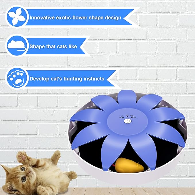 FluffyDream Automatic Electric Magnetic Spinning Cat Toys, Interactive, Rotation Cat Exercise Teaser Toy with Emulational Mouse, Fluffy Tails, Toys for Indoor Cats, Pets, 9.65” x 9.65” x 2.36”, Blue