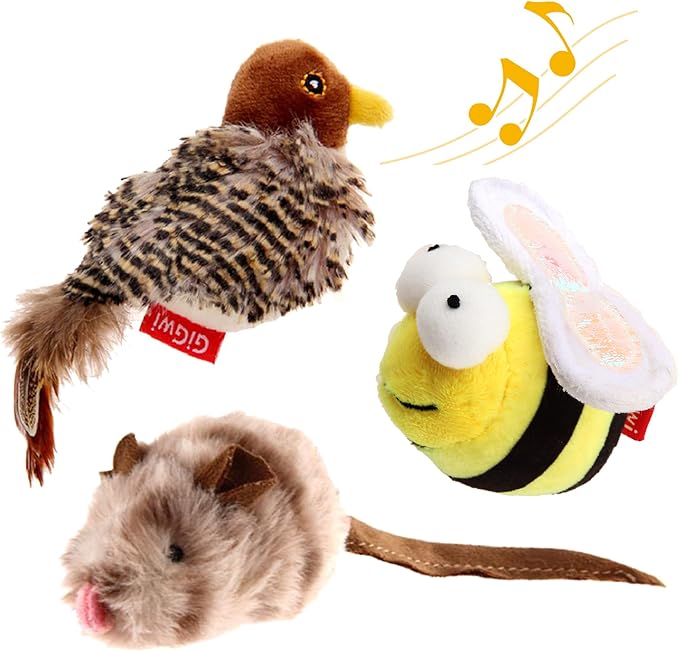 Gigwi Interactive Cat Toys Animal Sound Bird/Mouse/Bee Interactive Squeaking Cat Toys Melody Chaser & Toys for Cats to Play Alone, Play and Squeak Kitten Toys for Boredom