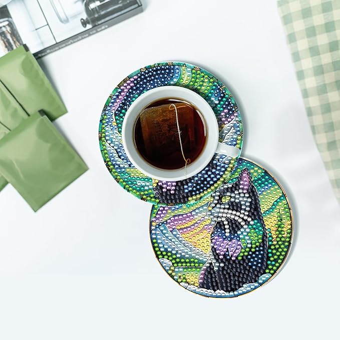 Black Cat Diamond Art Coasters - 8 Pcs DIY Colorful Glass Diamond Painting Coasters Kits with Non Slip Pads Home Table Decor Art Craft Supplies Birthday Gift for Adult Beginners Cat Lover