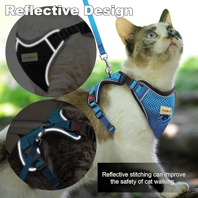 Cat Harness and Leash for Walking, Retractable Cat Harnesses and Leash Set Escape Proof, Breathable Soft Kitten Harness Small Large Cat Harness for Travel Training and Walking, Blue, S