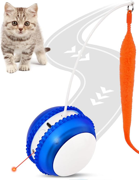 Petbobi Interactive Cat Toy Ball - Automatic Rolling Cat Laser Toys with 2 Fluffy Mice Tail, USB Rechargeable, Motion Activated Moving Ball Toy, Fast Rolling Ball for Indoor Cat, Simulation Bird Sound