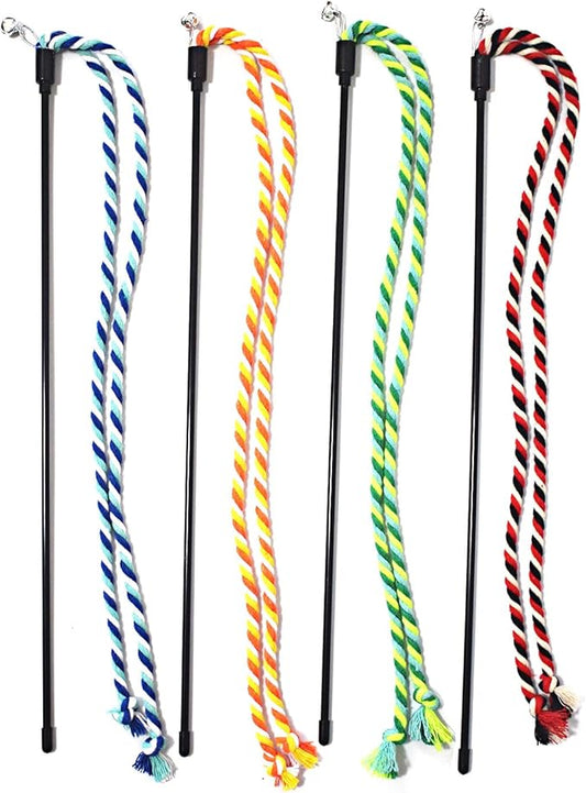 IUHKBH Cat Wands, 4 PCS Colorful Rope Cat Toys Interactive Cat Teaser Wands with Bell for All Breed Sizes