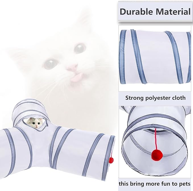 Cat Tunnel Tube Toys, Tunnels for Indoor Cats, 3 Way Colorful White Gray Collapsible Interactive Toy with Balls for Rabbits, Kittens, Ferrets, Puppy