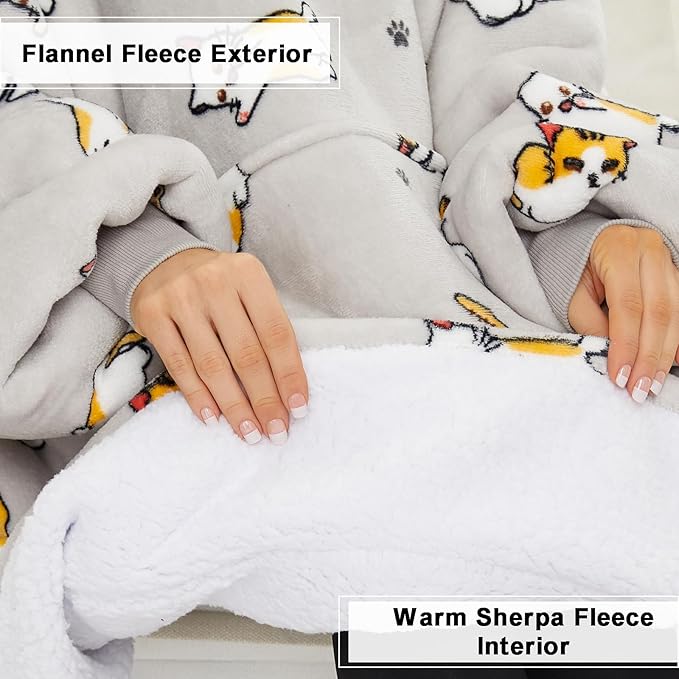 THREE POODLE Wearable Blanket Hoodie, Oversized Long Sherpa Sweatshirt Blanket for Adults Women Men, Warm Cozy Cat Hooded Blanket, Gifts for Mom Girlfriend