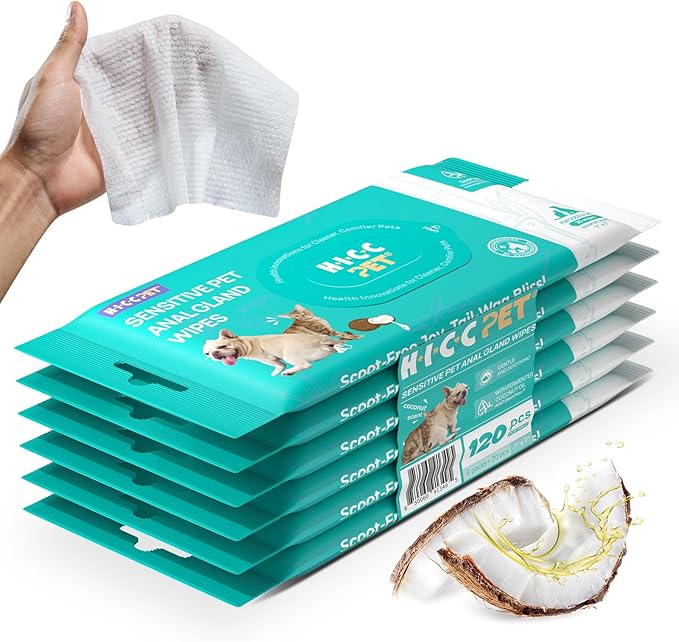 HICC PET Wipes for Dogs & Cats, Cleansing Deodorizing & Soothing Allergy Infections Anal Gland Pets Wipes with Coconut Oil - Dog Grooming Wipes for Butt and Paw - Hypoallergenic & Vet Recommended