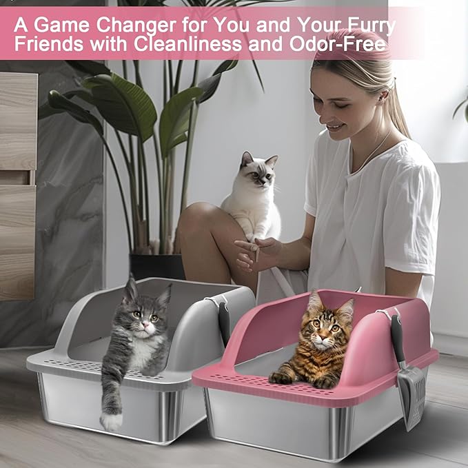2 Pack XL Stainless Steel Litter Box Enclosure, Stainless Steel Cat Litter Pan for Big Cats, Large Metal Litter Box with Anti-Leakage High Wall, Non-Sticky Easy Cleaning Cat Litter Tray