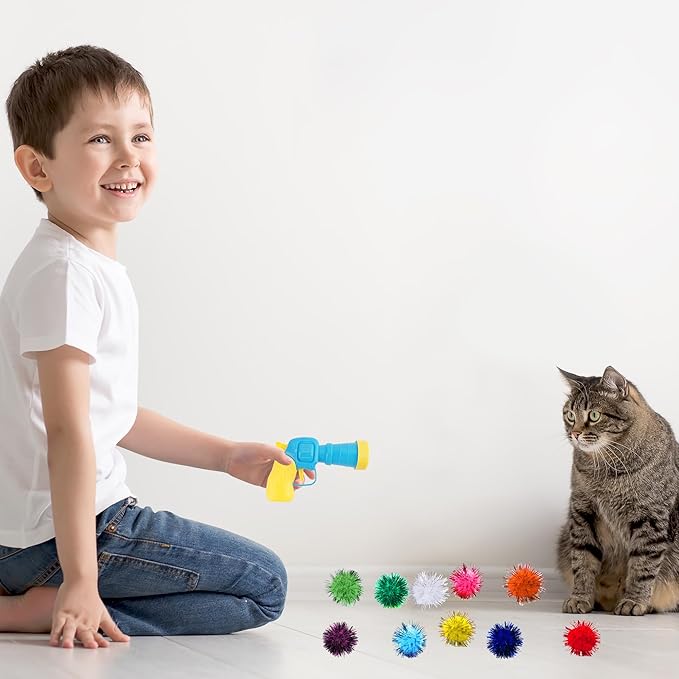 Dorhui Cat Toy Gun Launcher, 30 Pcs Sparkle Pom Pom Balls for Cat and Cat Ball Launcher, Cat Fetch Toy Gun Shooter, cat Toys for Indoor Cats, Interactive Glitter Pom Pom Balls for Kitty Gifts