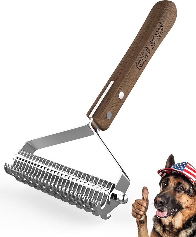 Extra Large 2-Sided Undercoat Rake for Dogs & Cats, Dog Brush for Shedding Remove Mats, Dematting Comb,Gentle Grooming Brush for German Shepherds Medium to Long-Haired Pets(Rare&Premium Walnut Handle)