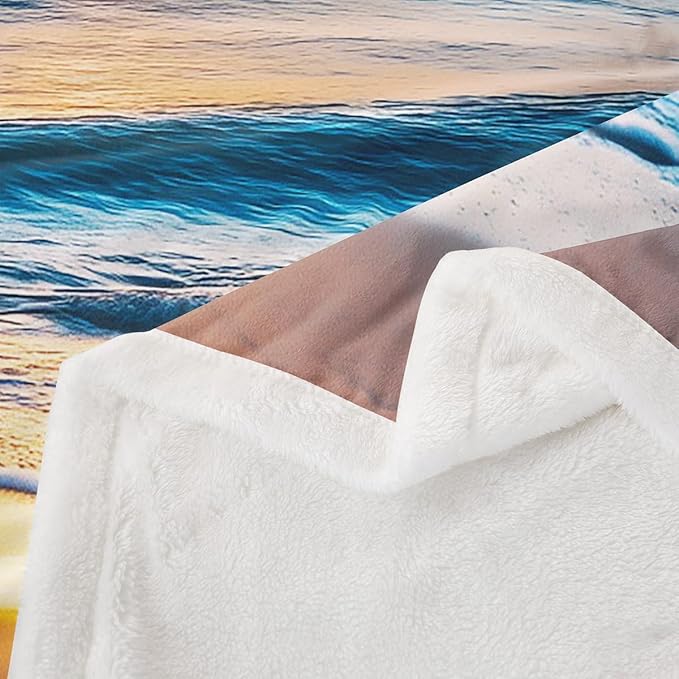 Ocean Wave Fleece Throw Blanket for Bed Sofa Couch Summer Sea Beach Sherpa Blanket Hawaiian Tropical Palm Tree Printed Blanket Soft Women Men Plush Fuzzy Blanket Air ConditionerKing 87"x95"