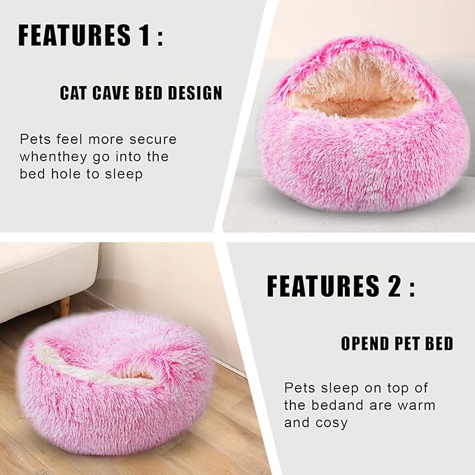 Calming Dog Beds & Cat Cave Bed with Hooded Cover,Washable Round Beds for Small Medium Pets,Anti-Slip Faux Fur Fluffy Coved Bed,Comfortable Warming Pet Bed (20 * 20inch,Pink)