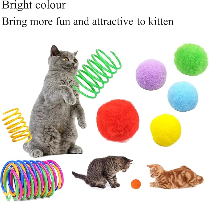 itPlus Cat Toys for Indoor Cats, Cat Spiral Spring Soft Cat Pom Pom Balls Interactive Toys for Kitty Cats Keep Fit Great for Cats Hunting Kitten Toys (6pcs Ball&6pcs Springs)
