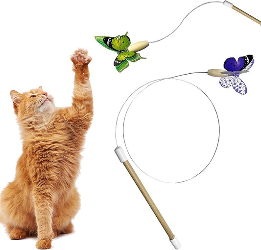 Butterfly on Wire Bounces to Mimic a Real Butterfly's Flight - Interactive Cat Toy - Cats/Kittens Play Catch Chase Exercise-Comfortable Bamboo Handle-Stocking Stuffer-Made in USA